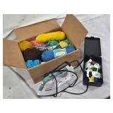 Box of Yarn and Knitting Needles, Sunbeam Iron, and Embroidery Thread Organizer