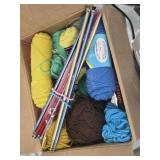 Box of Yarn and Knitting Needles, Sunbeam Iron, and Embroidery Thread Organizer