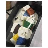 Box of Yarn and Knitting Needles, Sunbeam Iron, and Embroidery Thread Organizer