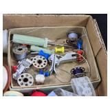 Box of Sewing Supplies including Threads, Bobbins, and Needles, Elastic Bands, and Lace Trim