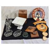 Various Decorative and Glass Items including Milk Glass Pedestal Bowl, Wooden Plaques, and Glassware