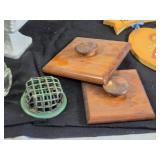 Various Decorative and Glass Items including Milk Glass Pedestal Bowl, Wooden Plaques, and Glassware