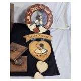 Various Decorative and Glass Items including Milk Glass Pedestal Bowl, Wooden Plaques, and Glassware