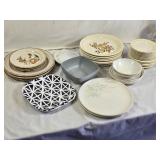 Vintage Dinnerware and Bowls with Floral Designs and Geometric Patterns