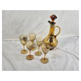 Set of Vintage Amber Glass Decanter and 5 Wine Glasses with Floral Design