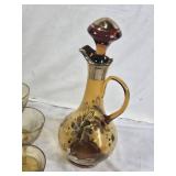 Set of Vintage Amber Glass Decanter and 5 Wine Glasses with Floral Design
