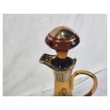 Set of Vintage Amber Glass Decanter and 5 Wine Glasses with Floral Design