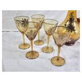 Set of Vintage Amber Glass Decanter and 5 Wine Glasses with Floral Design