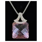 .925 Sterling Silver Larger Faceted Pink Sapphire Crystal Pendant Necklace