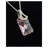 .925 Sterling Silver Larger Faceted Pink Sapphire Crystal Pendant Necklace