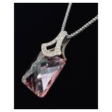.925 Sterling Silver Larger Faceted Pink Sapphire Crystal Pendant Necklace