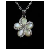 .925 Sterling Silver Mother of Pearl Crystal Flower Pendant Necklace
