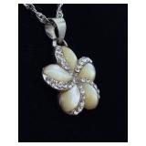 .925 Sterling Silver Mother of Pearl Crystal Flower Pendant Necklace