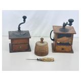 Lot of Antique Wood Coffee Bean Grinders, Cookie Embosser, and Ice Pick