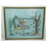 Framed Vintage crewel embroidery art piece 23"x 19"