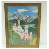 framed vintage hand crafted crewelwork piece. Neuschwanstein Castle in Bavaria, Germany. 13.5"x17.5"