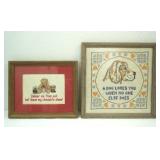 Framed vintage cross stitch and embroidery "A Dog Loves You When No One Else Does"