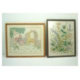 Framed vintage needlework pieces 14.75"x12.75"; 11"x 14"