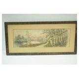 Framed Vintage Watercolor Painting. Birch Trees. 22"x10"