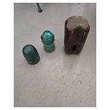 Vintage Brown Porcelain Bullnose Guy Strain Wire Insulator Ceramic. and Hemingray No 9 Electrical Insulator. Glass Telegraph or Telephone Insulator