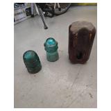 Vintage Brown Porcelain Bullnose Guy Strain Wire Insulator Ceramic. and Hemingray No 9 Electrical Insulator. Glass Telegraph or Telephone Insulator
