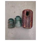 Vintage Brown Porcelain Bullnose Guy Strain Wire Insulator Ceramic. and Hemingray No 9 Electrical Insulator. Glass Telegraph or Telephone Insulator