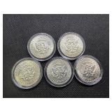 Five BU 1964-D 90% Silver Kennedy Half Dollars