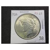 1922 Peace Silver Dollar Marked MS65 When Purchased - Nice Mint Luster!!