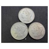 Three Silver Morgan Dollars: 1921 P-D-S