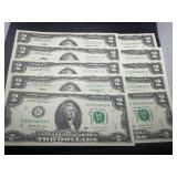 Ten Sequential $2 Bills
