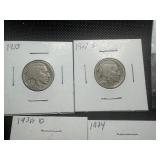Five Buffalo Nickels - 1924, 1927 S, 1935, 1935, 1936 D and Wartime Nickle 1943 S
