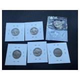 Five Buffalo Nickels - 1924, 1927 S, 1935, 1935, 1936 D and Wartime Nickle 1943 S
