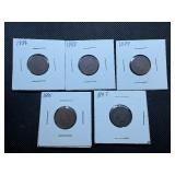 Five Indian Head Pennies1886, 1888, 1889, 1895, 1897