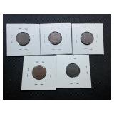 Five Indian Head Pennies1886, 1888, 1889, 1895, 1897