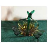 Green and amber ombre Murano style glass candy or nut dish