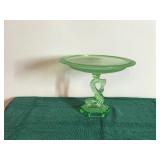 Vintage Green Uranium Glass 8” Tall Dolphin/Koi Stem Compote Abstract Art