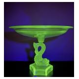 Vintage Green Uranium Glass 8” Tall Dolphin/Koi Stem Compote Abstract Art