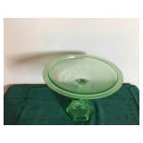 Vintage Green Uranium Glass 8” Tall Dolphin/Koi Stem Compote Abstract Art