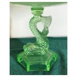 Vintage Green Uranium Glass 8” Tall Dolphin/Koi Stem Compote Abstract Art