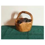 Hand Carved Natural Solid Burl Wood Tree Root Bowl Basket With Handle & Decorative Imitation Fruit Inside Basket