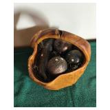 Hand Carved Natural Solid Burl Wood Tree Root Bowl Basket With Handle & Decorative Imitation Fruit Inside Basket