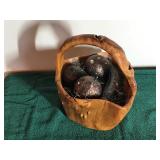 Hand Carved Natural Solid Burl Wood Tree Root Bowl Basket With Handle & Decorative Imitation Fruit Inside Basket