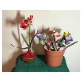 2 - Flower Pots with Artificial Flowers  - The bigger one with all the flowers the flowers and the butterfly’s and Bees are Metal
