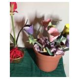 2 - Flower Pots with Artificial Flowers  - The bigger one with all the flowers the flowers and the butterfly’s and Bees are Metal