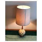 Lamp with Wood Base and Hard Plaster Ball with Weave Design  - smoke free