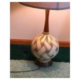Lamp with Wood Base and Hard Plaster Ball with Weave Design  - smoke free