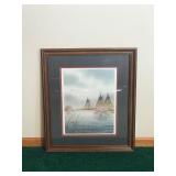 Framed, Signed and Numbered Print by Jerry Raedeke - Native American Teepees by Pond with Ducks Flying Over - Printer’s Proof 2nd Edition - 26/30