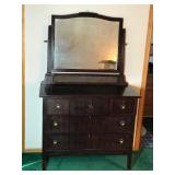 Vintage Solid Wood 5 Drawer Dresser with Wood Casters, Swing Mirror and Skeleton Key to Lock Drawers