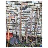 Large Lot of Garage and Yard Tools - Rakes - Sledge Hammer - Shovels - Brooms and More