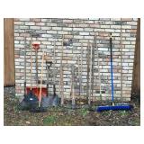 Large Lot of Garage and Yard Tools - Rakes - Sledge Hammer - Shovels - Brooms and More